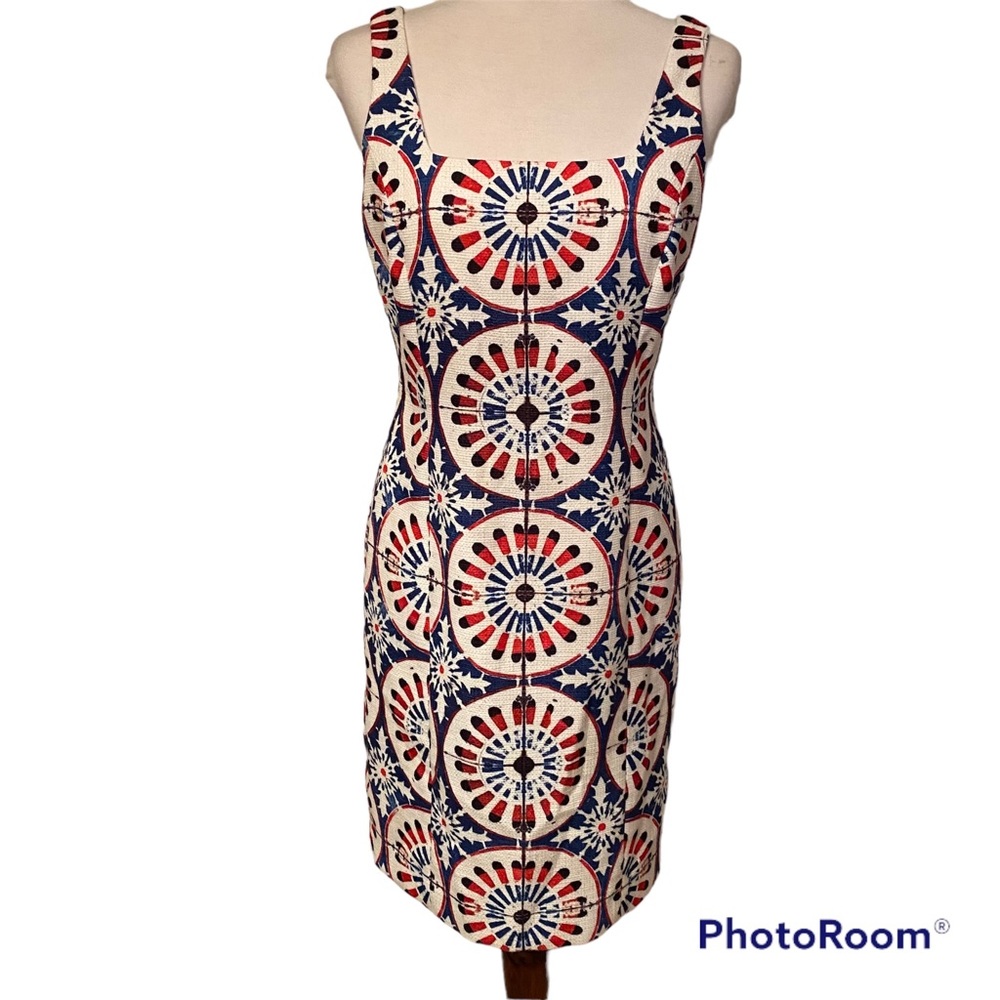 W BY WORTH DRESS SHEATH RED WHITE BLUE SLEEVELESS SQUARE NECK SIZE 4